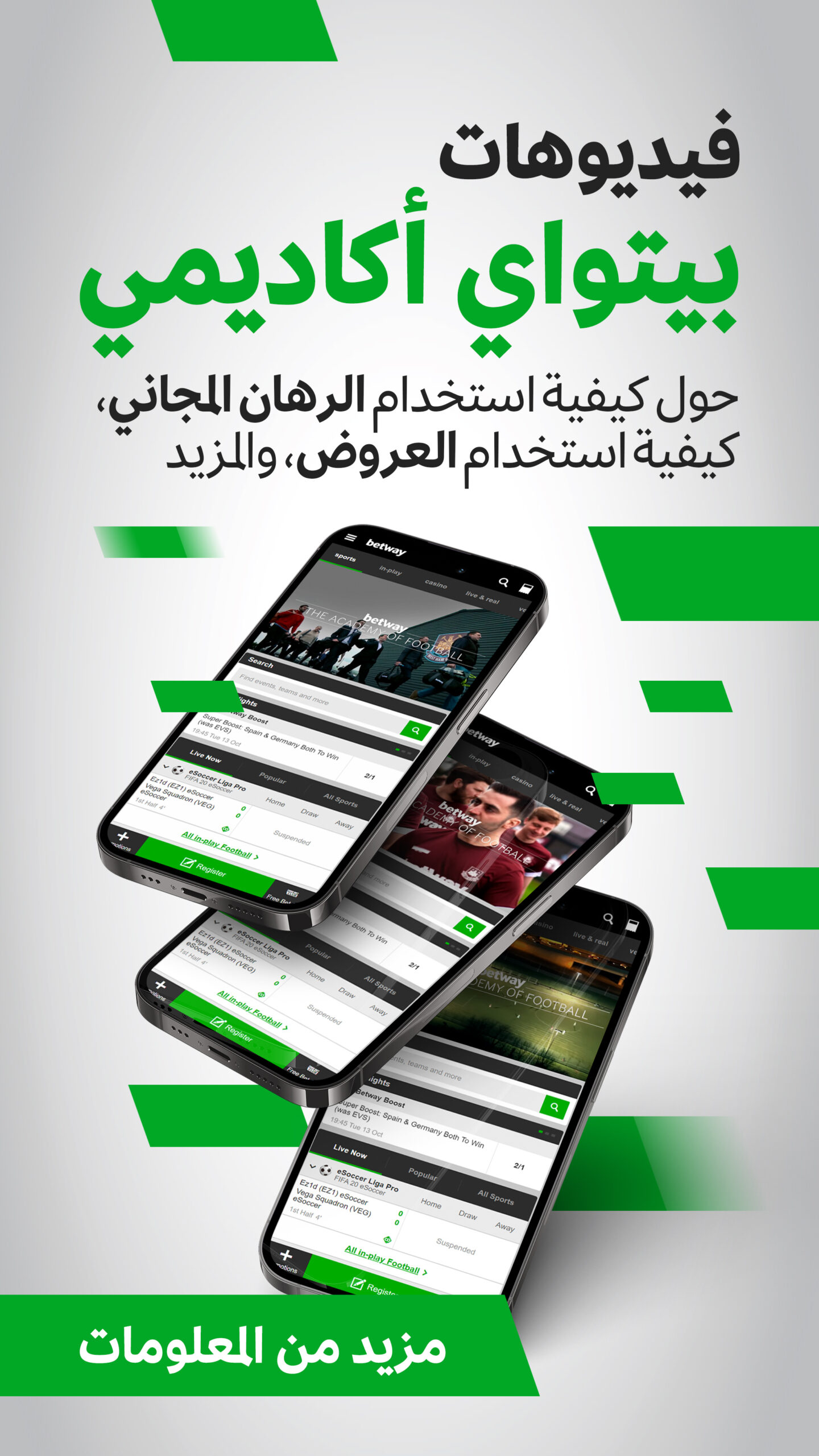 Smartphones showcasing sports betting content and football imagery against a gray and green background. Arabic text highlights Betway Arabias free usage, offers, and more information at the bottom.