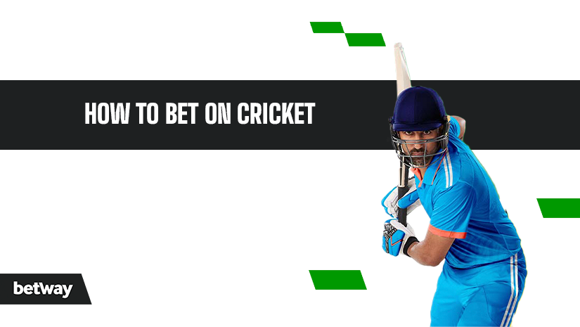 A cricket player in blue gear is poised to swing the bat on a white background. The text How to Bet on Cricket is displayed in bold black on a horizontal black band. The Betway logo is in the bottom left corner. Green accents highlight the design.