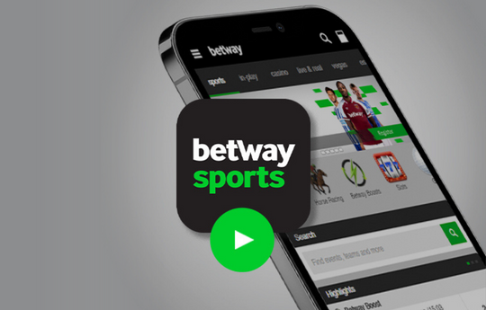The smartphone screen showcases the Betway Sports app interface, featuring options for sports, in-play, and casino. The Betway Arabia logo stands out above a vibrant green play button, inviting users into the action.
