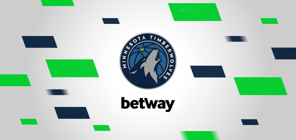 The Minnesota Timberwolves logo, showcasing a wolf and basketball, is encircled by green and dark blue rectangles. Beneath it lies the betway logo, reflecting a connection with Betway Arabia.