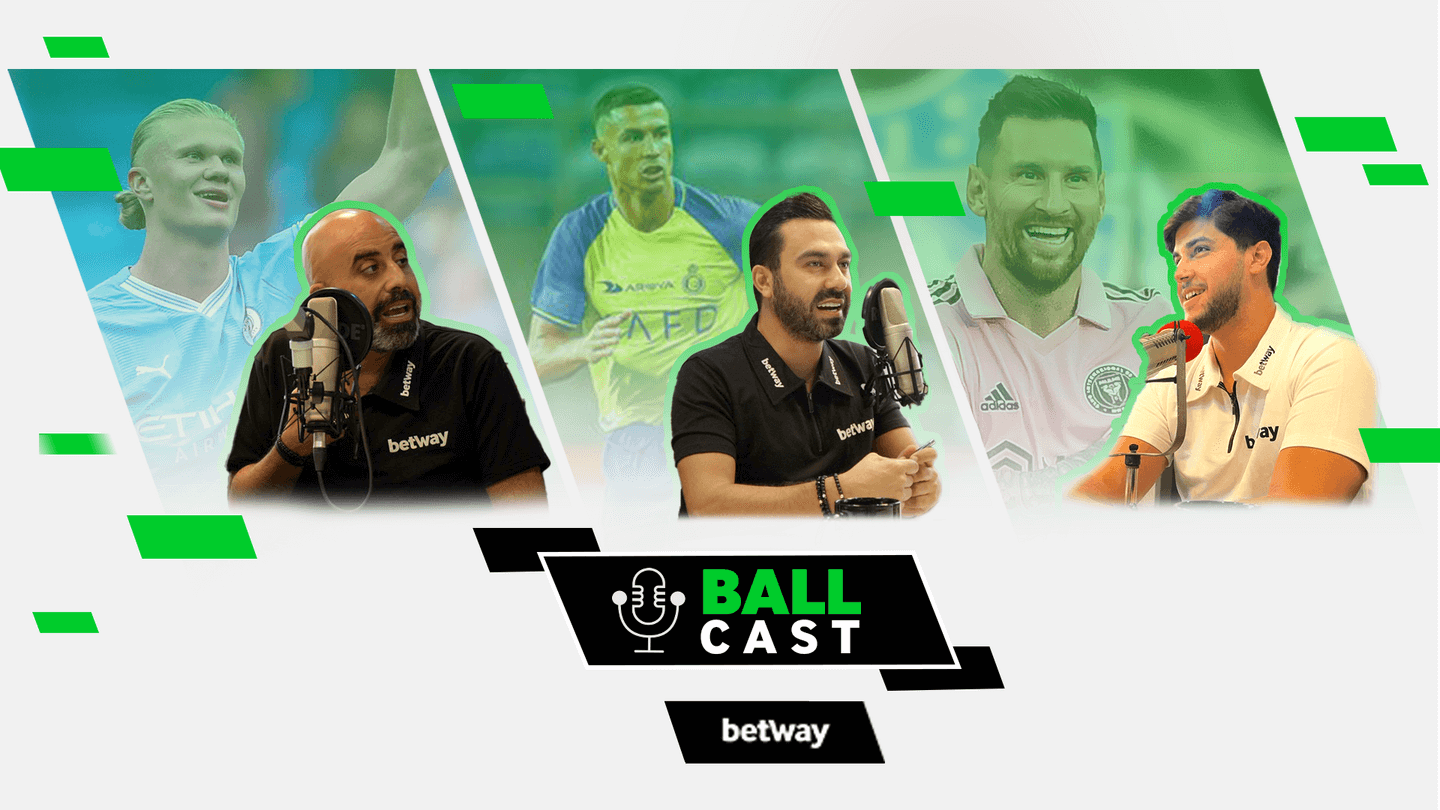 Podcast image featuring two hosts at microphones with blurred soccer players in the background. The text BALL CAST and betway arabia is visible, hinting at in-depth sports discussion or analysis with a regional twist.