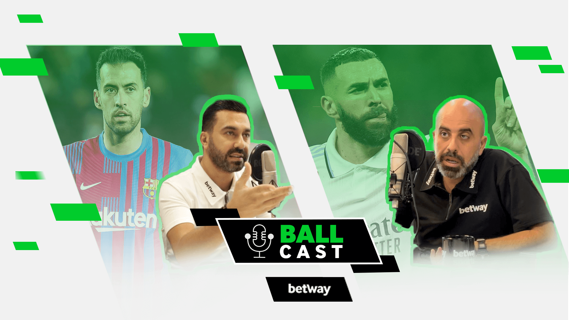 يشارك رجلان في مناقشات حيوية في بودكاست يسمى Ball Cast من إنتاج Betway Arabia. تعرض الخلفية صورًا للاعبي كرة قدم أثناء اللعب، محاطين بعناصر تصميم باللونين الأخضر والأبيض تسلط الضوء على الروح النابضة بالحياة لـ Bw Arabia.