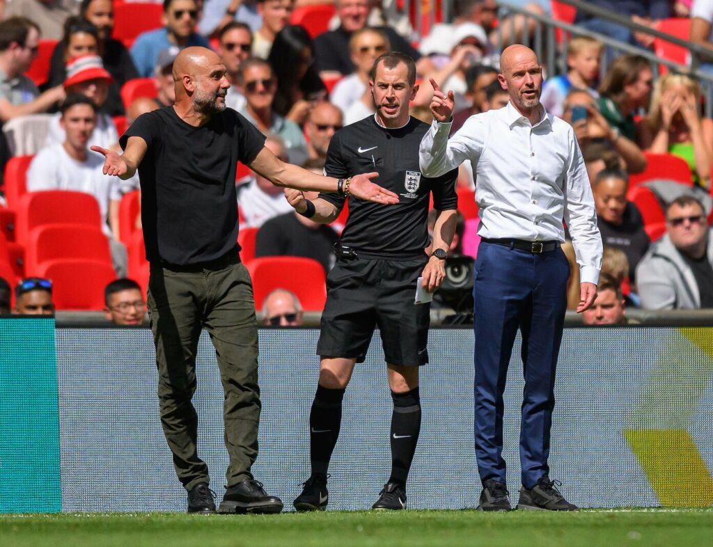 London, UK. 03rd June, 2023. 03 Jun 2023 – Manchester City v Manchester United – Emirates FA Cup Final – Wembley Stadium Erik ten Hag and Pep Guardiola during the 2023 FA Cup Final.               Picture Credit: Mark Pain / Alamy Live News