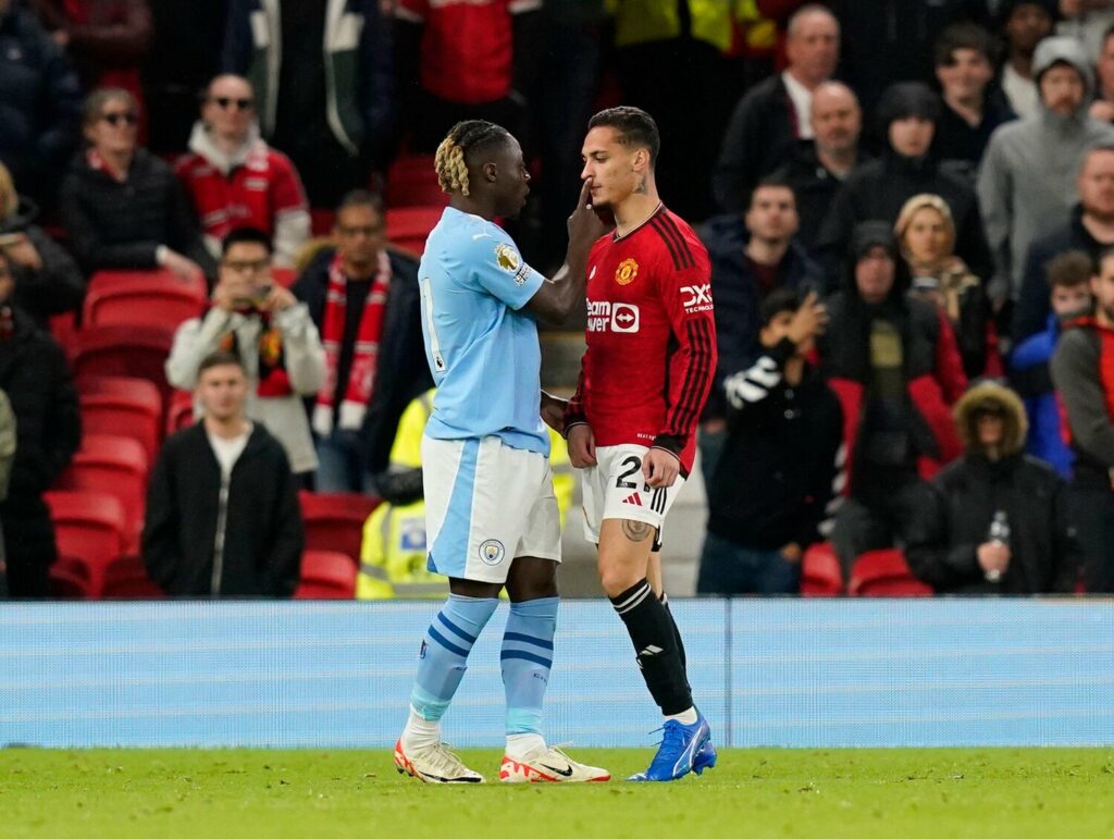 Manchester, UK. 29th Oct, 2023. Jeremy Doku of Manchester City warms Alejandro Garnacho of Manchester United after he fouled him during the Premier League match at Old Trafford, Manchester. Picture credit should read: Andrew Yates/Sportimage Credit: Sport