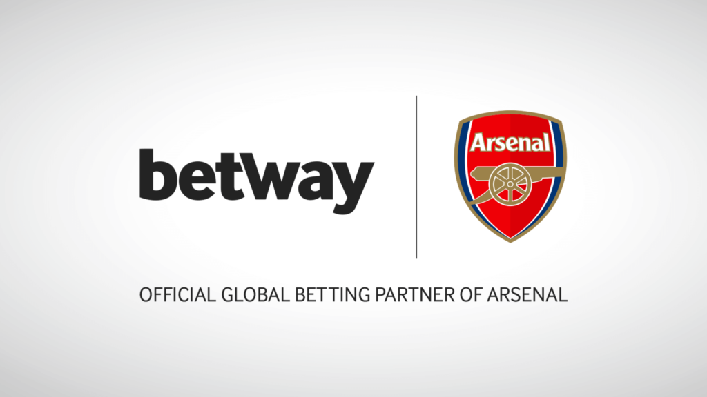 Betway logo alongside the Arsenal football club crest. Text underneath states: Official Global Betting Partner of Arsenal. Proudly presenting Betway Arabias dedication to excellence in sports partnerships.
