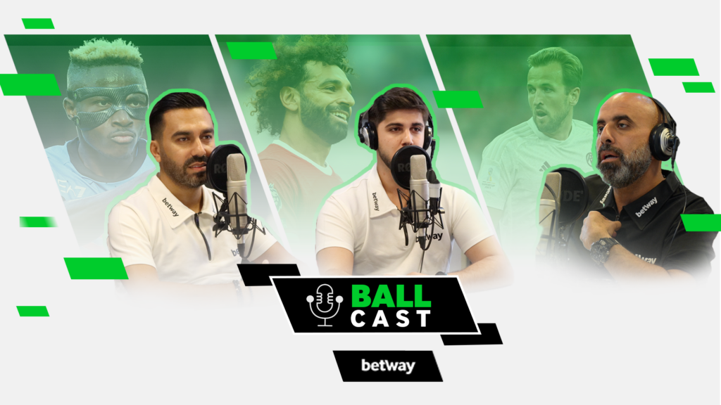 Three men are sitting at microphones discussing on a podcast. Behind them, dynamic green and white graphics feature football players. The text Ball Cast is prominently displayed in front of the hosts, with Betway Arabia subtly integrated into the vibrant backdrop.