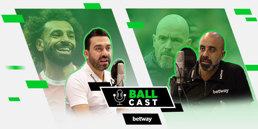 يظهر ثلاثة رجال في صورة على غرار البودكاست لصالح Betway Arabia، محاطين بميكروفونات ومعززة بفلتر أخضر رائع ورسومات رقمية. يقع شعار "Ball Cast"، المرتبط بـ Betway، بشكل بارز في المنتصف على خلفية من المربعات والخطوط الخضراء المجردة.
