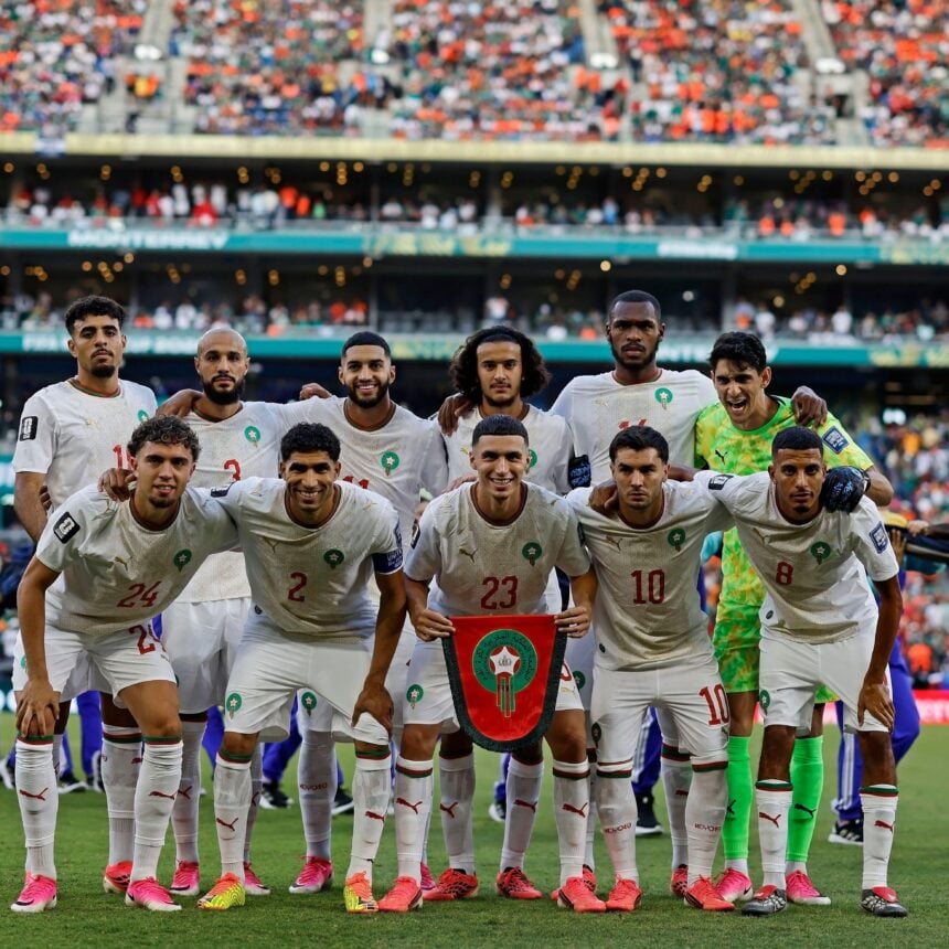 Monterrey, Mexico. 29th June, 2026. (L-R) Morocco squad poses for team photo with Chadi Riad, Noussair Mazraoui, Ismael Saibari, Ayyoub Bouaddi, Issa Diop, goalkeeper Yassine Bounou, Neil El Aynaoui, Achraf Hakimi, Bilal El Khannouss, Brahim Diaz and Azze