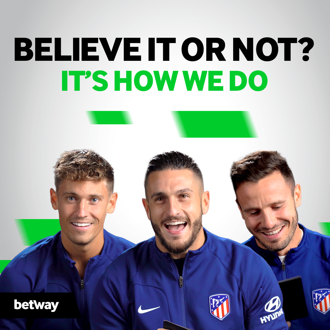 Three smiling soccer players in blue athletic jackets stand against a white background with black and green text that reads, Believe it or not? Its how we do. The Betway Arabia logo is in the lower left corner.