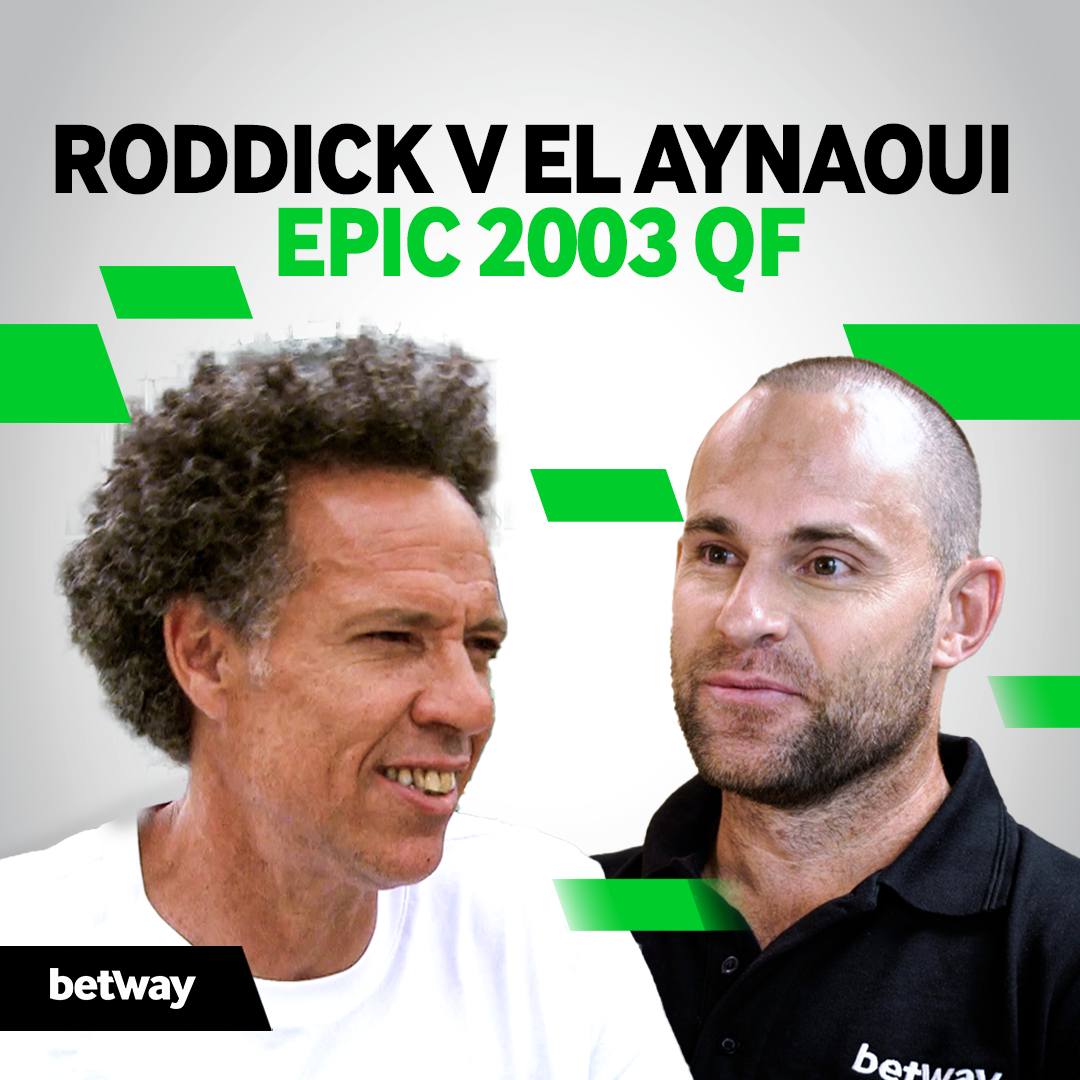 Split image showing two men facing each other, labeled RODDICK V EL AYNAOUI EPIC 2003 QF with a green and black design on a white background. The Betway logo graces the bottom left, adding to the excitement of this iconic clash.