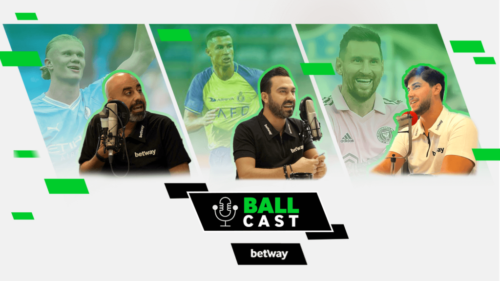 يستضيف أربعة رجال بودكاست يسمى "Ball Cast"، حيث يتم عرض صور لاعبي كرة القدم في الملعب فوقهم بأسلوب الكولاج الرقمي. يقع شعار "betway arabia" في الأسفل، بينما تضيف عناصر خضراء وسوداء زاهية لمسة تصميم حديثة.