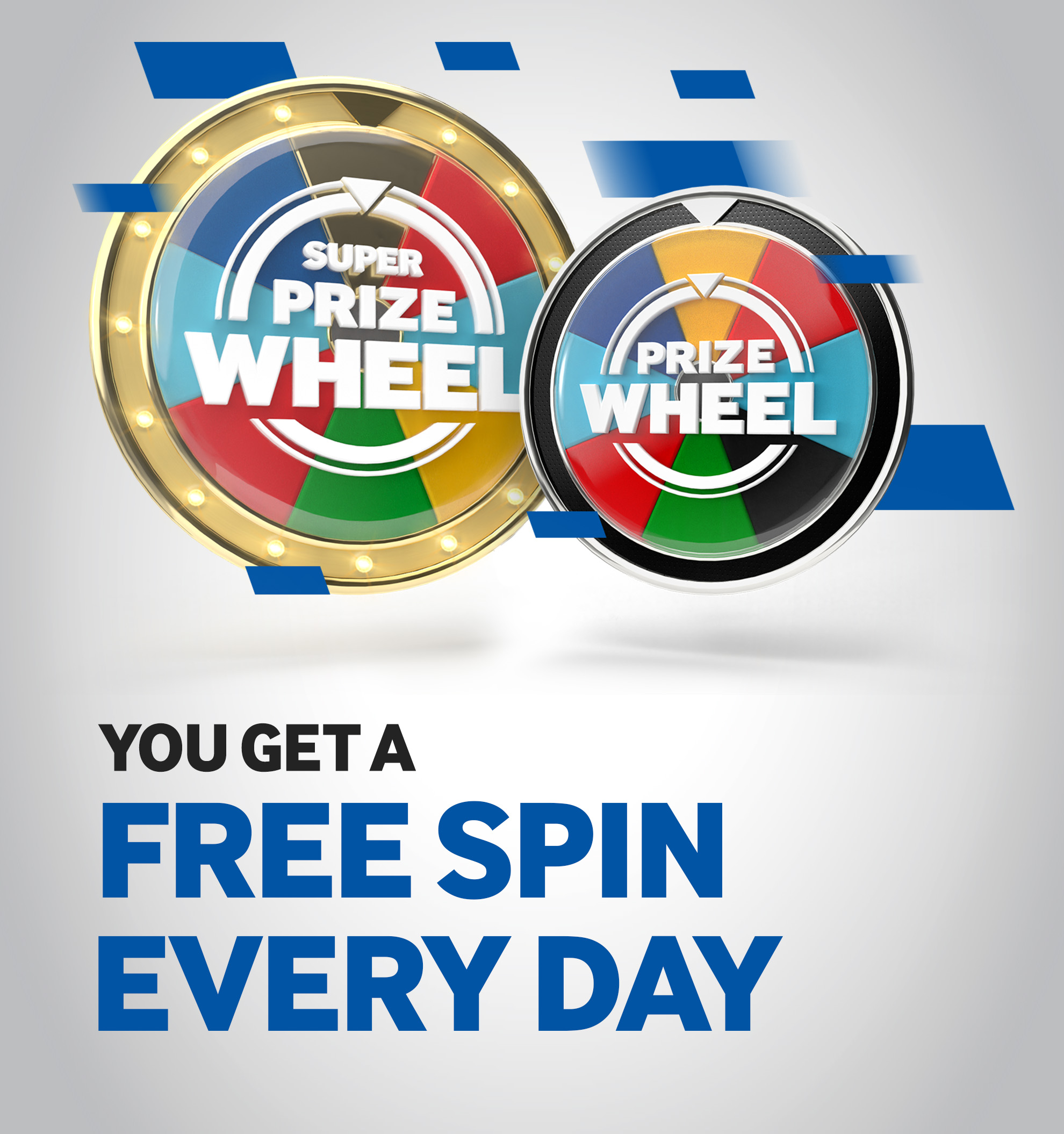 Image shows two colorful prize wheels with sections in red, blue, green, and yellow. Bold text below reads, You get a free spin every day. The wheel on the left also features the words Super Prize Wheel. Experience the thrill with Betway Arabia for your daily chance to win!.