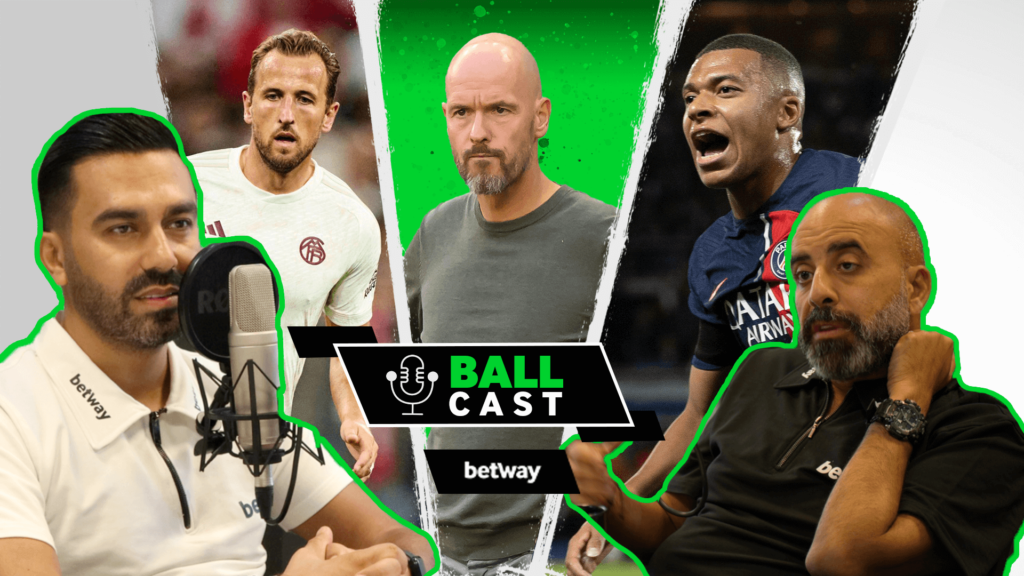 Two males are seated and talking in a studio with microphones. Behind them are images of a bald coach and two soccer players in action. The Ball Cast logo and betway arabia branding are visible at the center, setting the perfect backdrop for their engaging sports discussion.