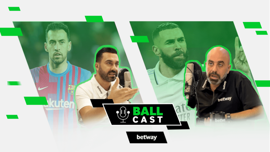 A promotional image for Ball Cast podcast features two hosts with microphones, alongside a soccer player in a red and blue jersey and another in white. The Betway logo prominently graces the bottom, highlighting its support of this engaging sports discussion.