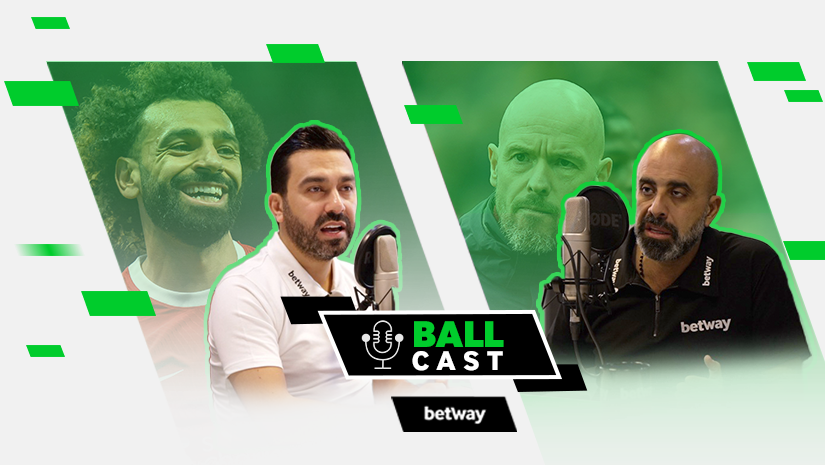 Graphic featuring two men speaking into microphones, labeled BALL CAST with the Betway Arabia logo. In the background, two athletes faces appear on green-tinted panels, separated by a diagonal white stripe.