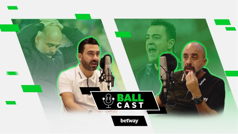 Two separate images show men with shaved heads in conversation at microphones. The left image features a man looking down with hands on head, while the right shows two men speaking. Center text: BALL CAST and the betway logo. Green and black accents highlight betway Arabias influence.