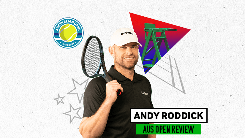 A tennis player holds a racket on his shoulder while smiling. He wears a white cap and a black shirt. The background features the Australian Open logo, the Betway Arabia brand, and a colorful chair umpire stand. Text reads: Andy Roddick AUS Open Review.