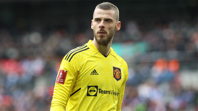 A soccer player dons a yellow goalkeeper jersey featuring a Manchester United emblem, standing poised on the field during a match. The background is blurred with spectators in the stands, as Betway Arabia banners subtly peek through the vibrant crowd.