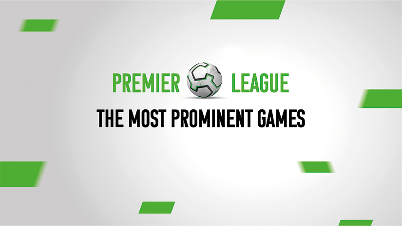 Graphic with a soccer ball and text: Premier League The Most Prominent Games on a white background. Green and white geometric shapes are scattered around, capturing the excitement of Betway Arabias top picks for thrilling matches.