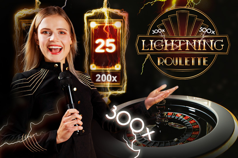A smiling woman in a black outfit holds a microphone near a roulette table. The text Lightning Roulette and 300x 500x glows vividly, with a digital display showing 25 and 200x. Experience the electrifying moments with Betway Arabia at your fingertips.