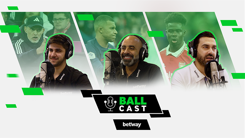 Three men in a studio with microphones; green-tinted sports action images in the background, showcasing the Betway Arabia logo alongside the Ball Cast branding.