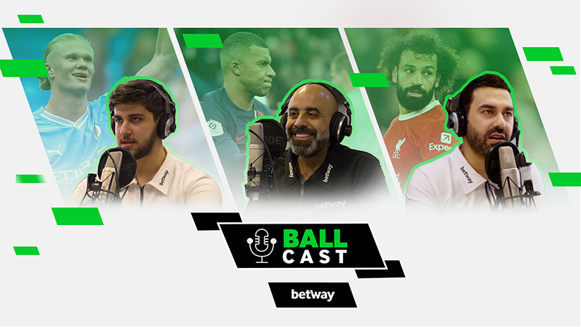 Four men in front of microphones are discussing football, framed by images of football players. The podcast logo and BALL CAST text dominate the center, while Betway Arabia subtly sponsors the lively conversation on the latest sports insights.