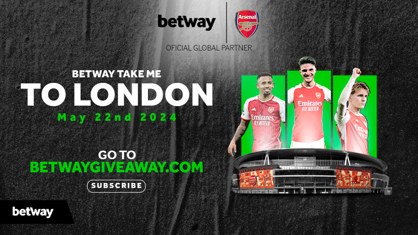 Experience the excitement with Betway Arabias promotion, featuring three soccer players in red jerseys set against a vibrant stadium backdrop. Dont miss the chance for an unforgettable giveaway to London on May 22, 2024.