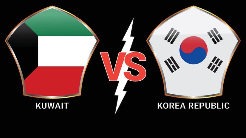 Logos of Kuwait and Korea Republic with VS in between, separated by a lightning bolt, on a black background, featuring the Betway Arabia emblem, capturing the thrill of competition.