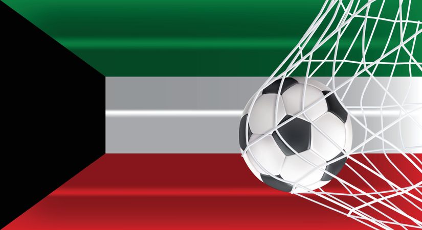 A soccer ball caught in a net against a background resembling the Kuwait flag, perfectly capturing the spirit of Betway Arabia.