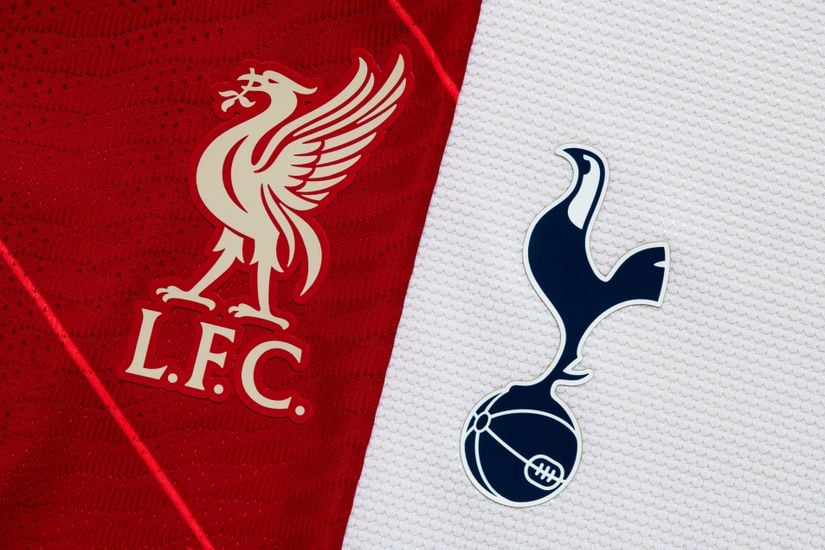 Liverpool FC and Tottenham Hotspur logos on red and white backgrounds, respectively, evoke the spirit of a thrilling match. Dive into the excitement with Betway Arabia for an unforgettable football experience.