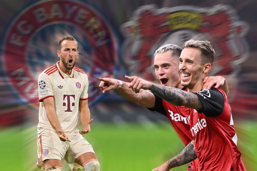 A soccer player in a white Bayern Munich jersey looks surprised, while two players in black and red Leverkusen jerseys communicate energetically, with team logos blurred in the background.