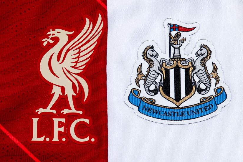 Liverpool FC and Newcastle United football club logos on a divided red and white background.
