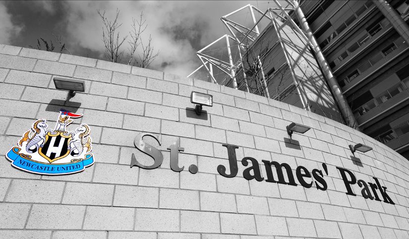 St. James Park entrance wall with Newcastle United logo, partial black-and-white image. Stadium structure and sky visible above.