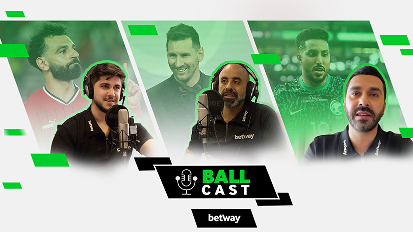 Podcast-themed image featuring four speakers with microphones. Behind them are images of four different footballers. The design is branded with BALL CAST and betway arabia logos, with green and white accents, adding a dynamic flair to the sports discussion platform.