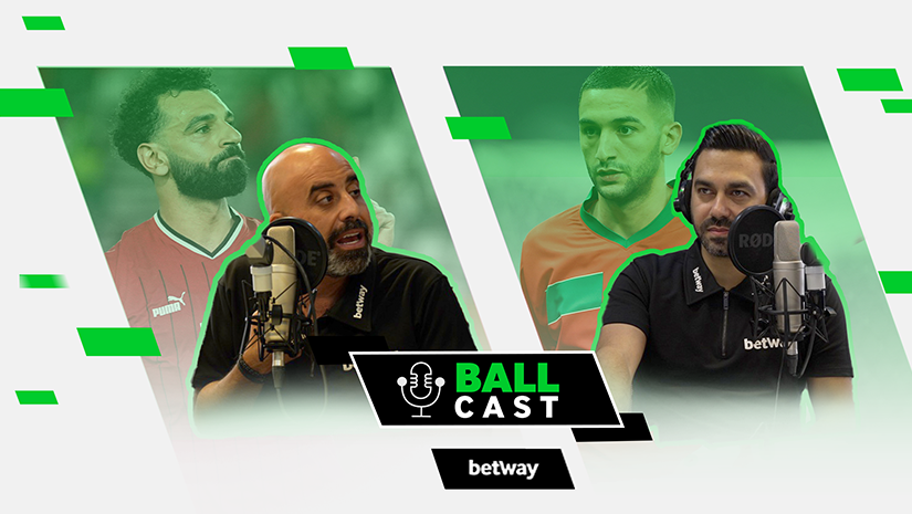 Podcast cover for Ball Cast features two hosts speaking into microphones, two athletes in the background, and green accents, all complemented by the Betway Arabia logo.