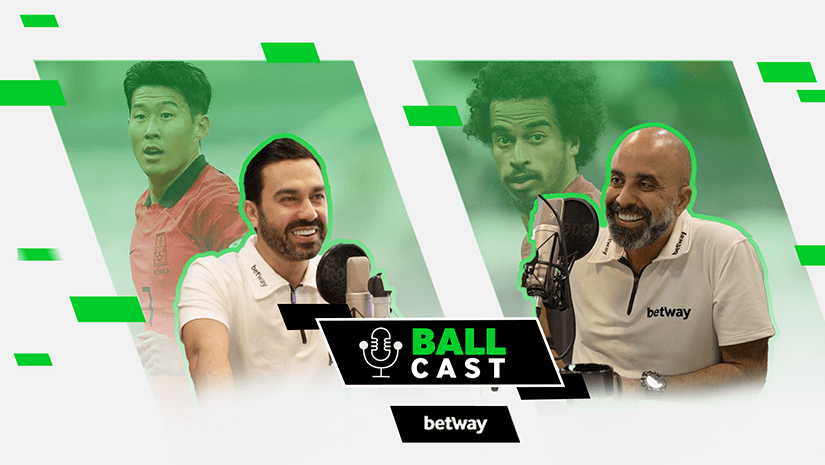 Two men are sitting and chatting at a podcast setup with microphones. Graphics of two soccer players animate the background. The text Ball Cast and Betway Arabia appears prominently on the overlay.