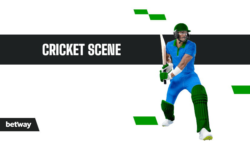 Illustration of a cricket player in blue and green gear, poised to bat. Text reads Cricket Scene on a black background with green accents. Betway logo is in the lower left corner.