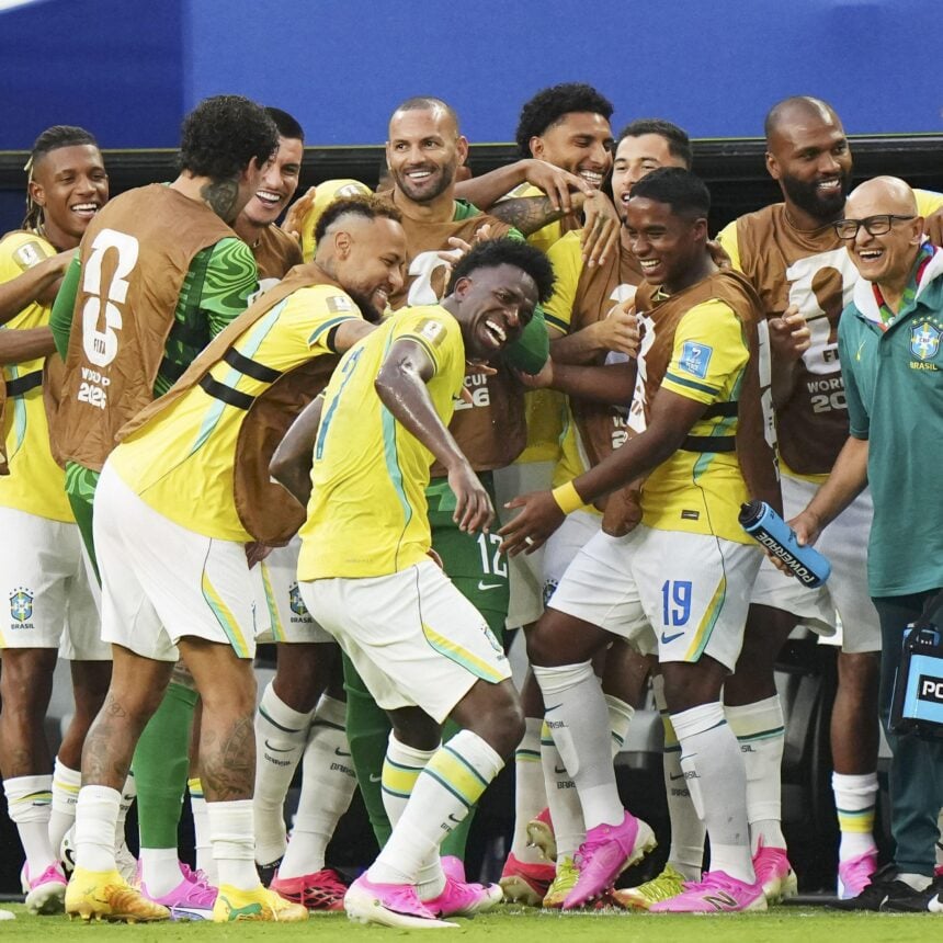 IPA86034876 – Vinicius Junior of Brazil celebrates after scoring his team's second goal with teammates during the FIFA World Cup 2026, Group C football match between Scotland and Brazil on 25 June 2026 at Hard Rock Stadium in Miami, Florida, United St
