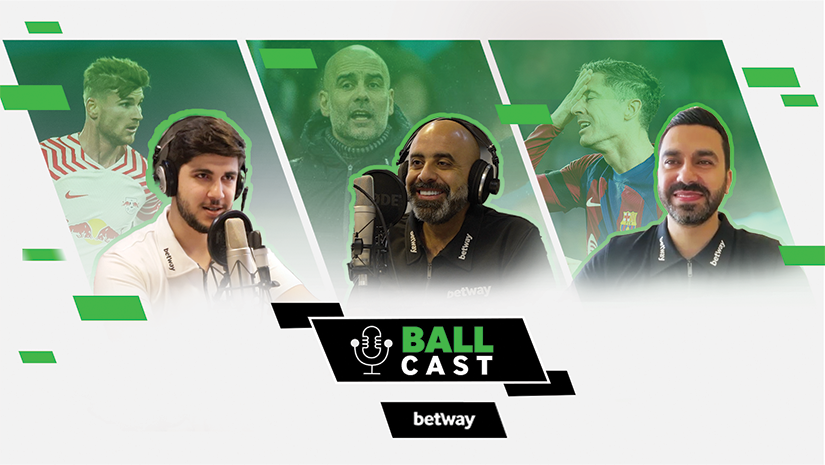 يظهر في الصورة ثلاثة أفراد يرتدون سماعات رأس، ويسجلون أغنية "Ball Cast" التي تقدمها شركة Betway Arabia. وخلفهم، تشكل شخصيات كرة القدم والأشكال الهندسية الخضراء خلفية ديناميكية.