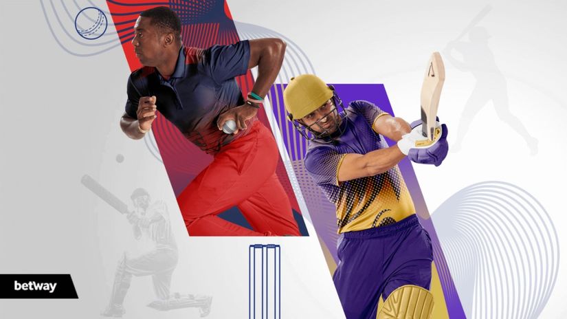 Deux joueurs de cricket en action sur un fond dynamique. Le lanceur de gauche porte un uniforme rouge, tandis que le batteur de droite porte un casque jaune et un équipement violet. Des silhouettes d'actions de cricket et des motifs géométriques rehaussent le décor. Logo : Betway Arabia.